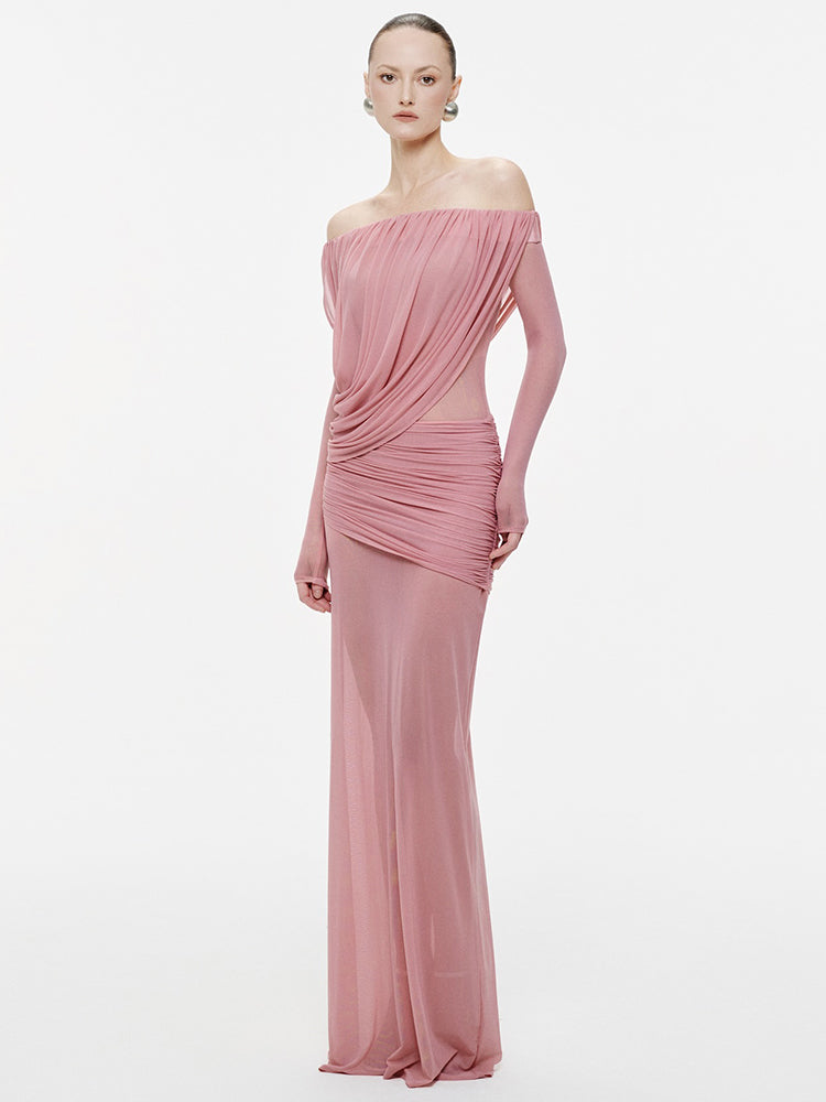 BIANKA ELEGANT OFF SHOULDER PINK MAXI DRESS