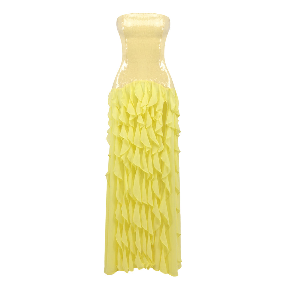 SARUKA YELLOW STRAPLESS RUFFLE MAXI DRESS