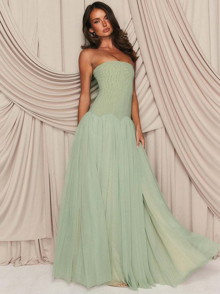 LOISE GREEN STRAPLESS TULLE MAXI DRESS