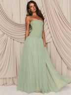LOISE GREEN STRAPLESS TULLE MAXI DRESS