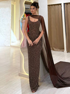 NOEMI BROWN SEQUIN EVENING MAXI DRESS