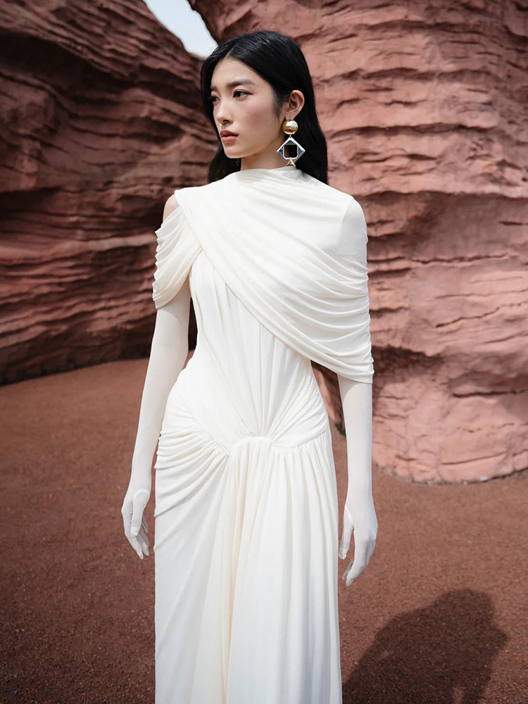 SHARON ELEGANT WHITE DRAPED MAXI DRESS