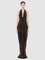 VIKTORIA BROWN HALTER NECK RUCHED MAXI DRESS