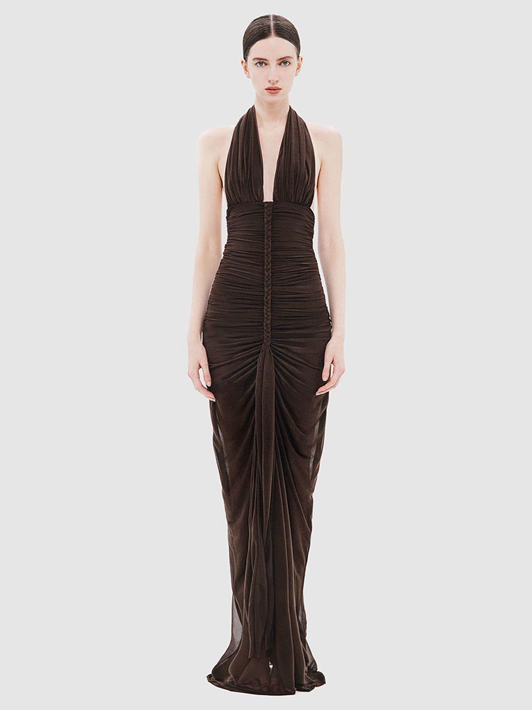 VIKTORIA BROWN HALTER NECK RUCHED MAXI DRESS