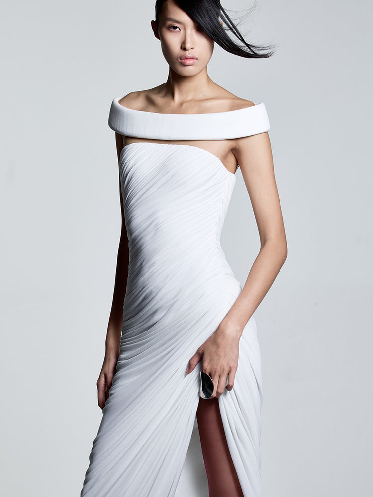 ANNA WHITE OFF SHOULDER MIDI DRESS