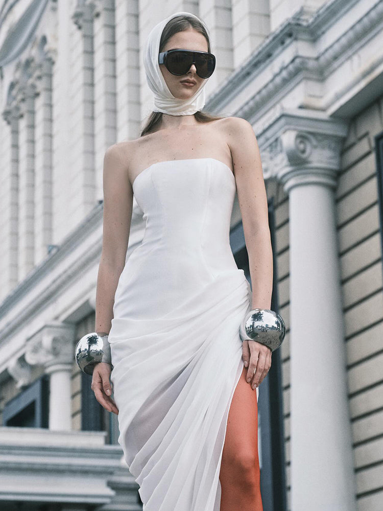 YARA WHITE DRAPED STRAPLESS MAXI DRESS