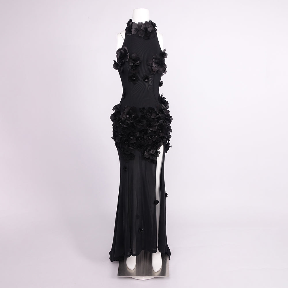 ALLY WHITE 3D FLORAL HALTER MAXI DRESS