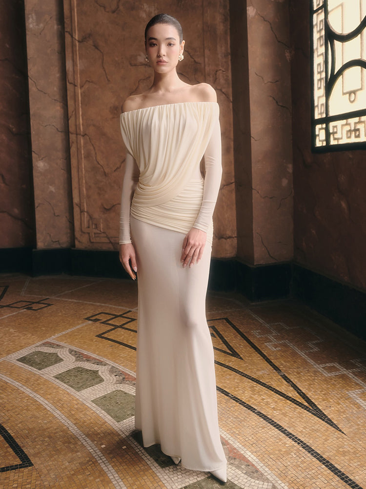 GAYE SHEER WHITE OFF SHOULDER RUCHED MAXI DRESS