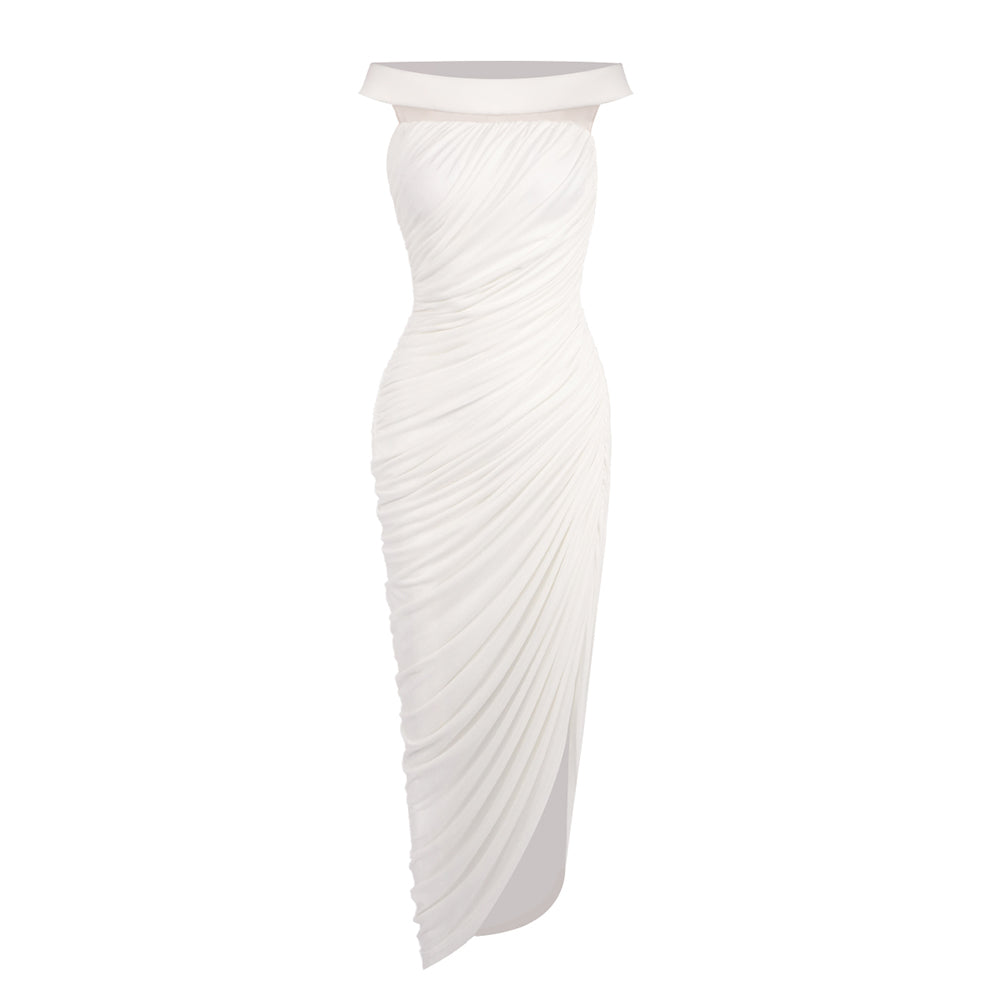 ANNA WHITE OFF SHOULDER MIDI DRESS