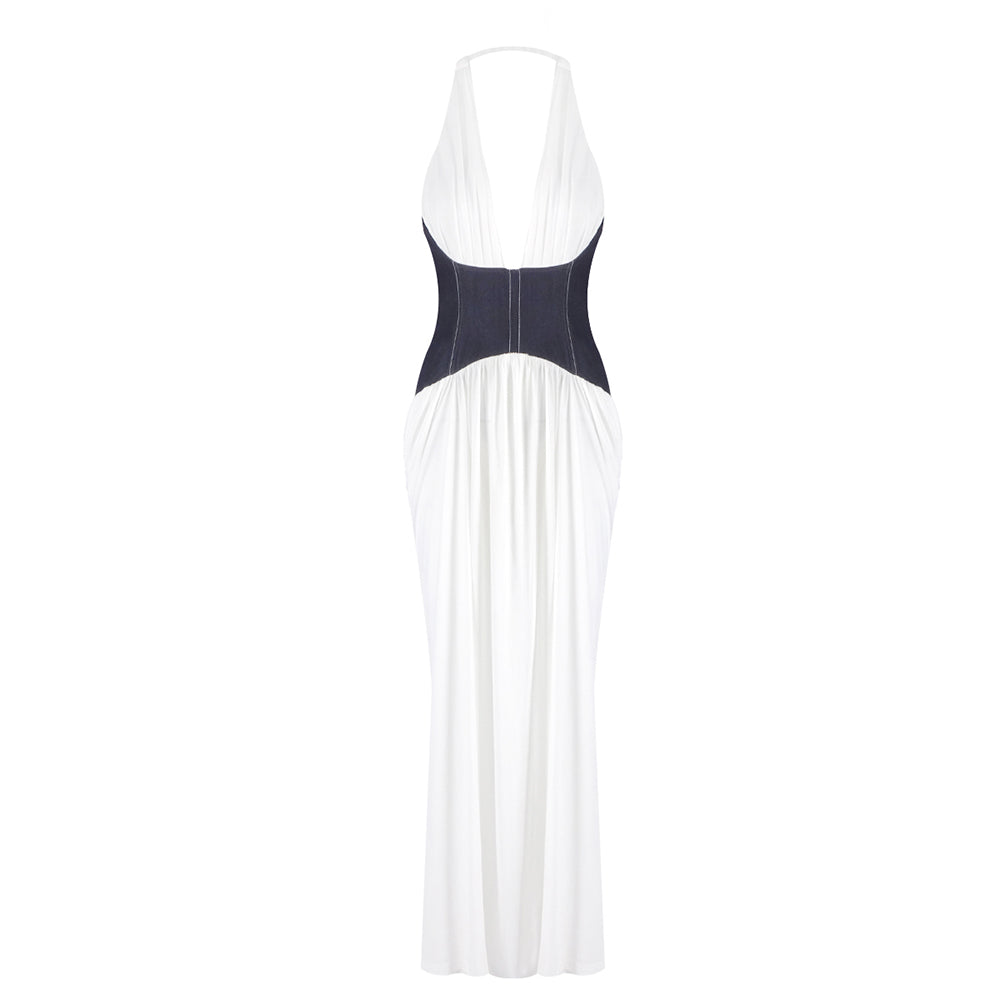 VALANTEENA DEEP V DENIM PATCHWORK MAXI DRESS