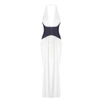 VALANTEENA DEEP V DENIM PATCHWORK MAXI DRESS