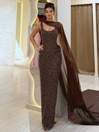 NOEMI BROWN SEQUIN EVENING MAXI DRESS