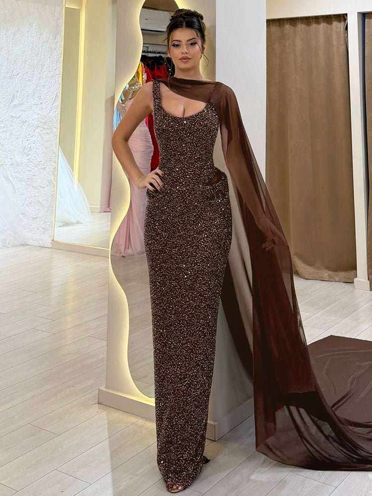 NOEMI BROWN SEQUIN EVENING MAXI DRESS