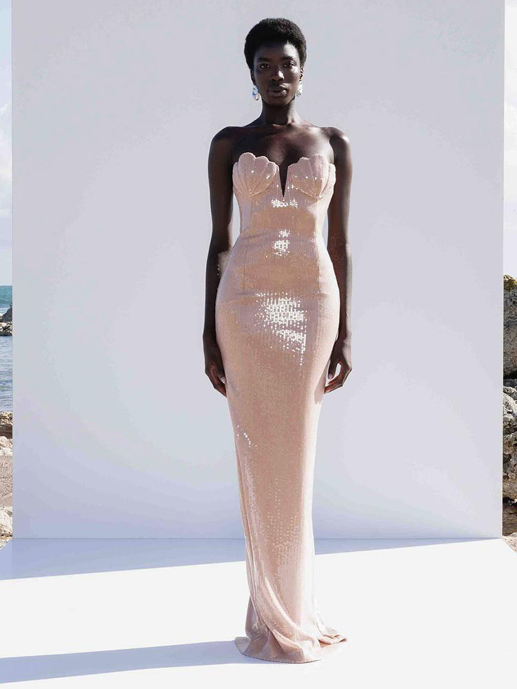CHRISTINE NUDE SEQUIN STRAPLESS MAXI DRESS