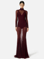 ABBI SEXY BURGUNDY SHEER MESH DRESS SET