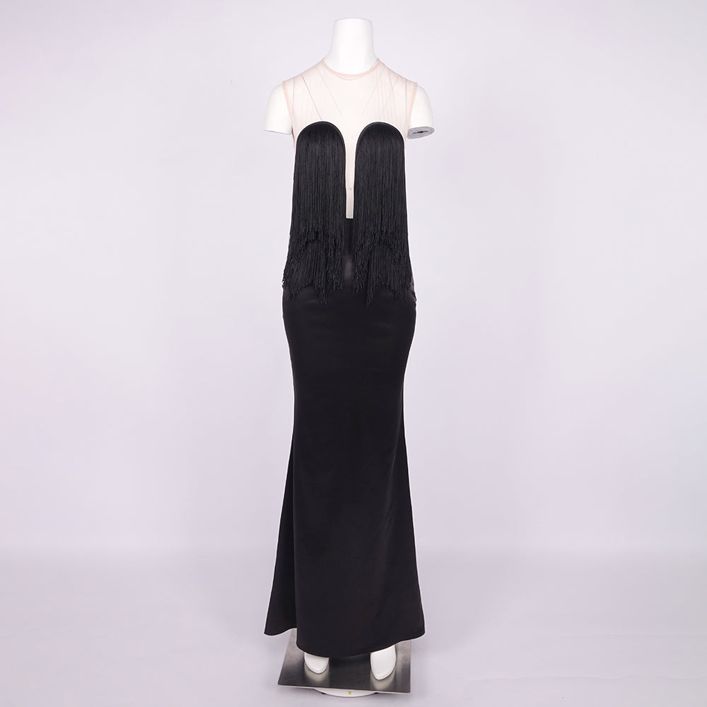 SARAH BLACK SATIN FRINGE MAXI DRESSES