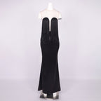 SARAH BLACK SATIN FRINGE MAXI DRESSES