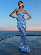 KELSEY BLUE SEQUINS MAXI DRESS
