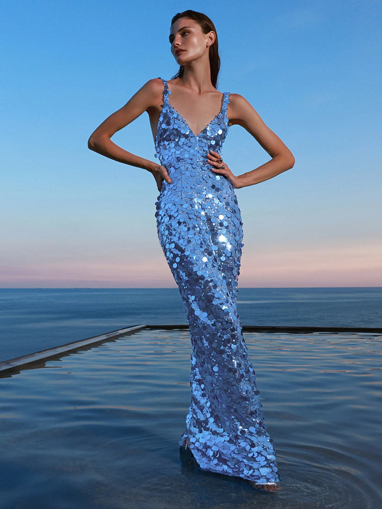 KELSEY BLUE SEQUINS MAXI DRESS