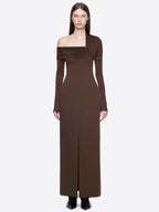 LAURA OFF-SHOULDER BROWN MAXI DRESS