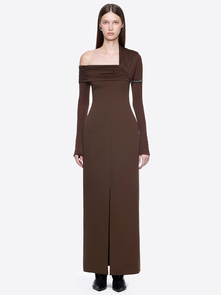 LAURA OFF-SHOULDER BROWN MAXI DRESS