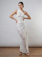 ELENI VINTAGE BROWN ONE SHOULDER LACE MAXI DRESS
