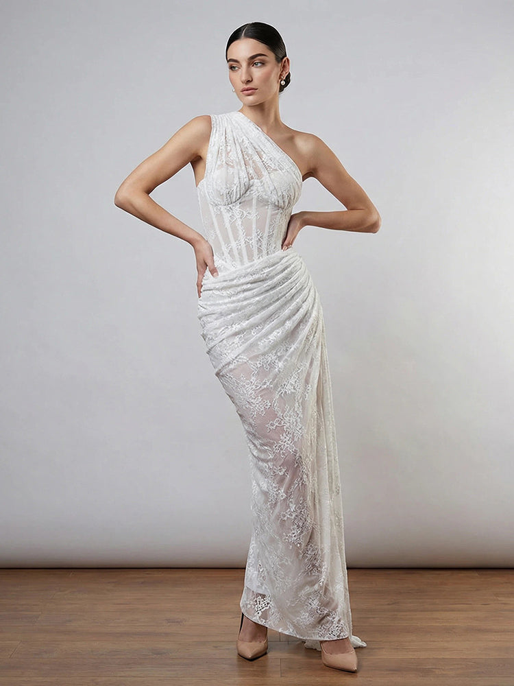 ELENI VINTAGE BROWN ONE SHOULDER LACE MAXI DRESS