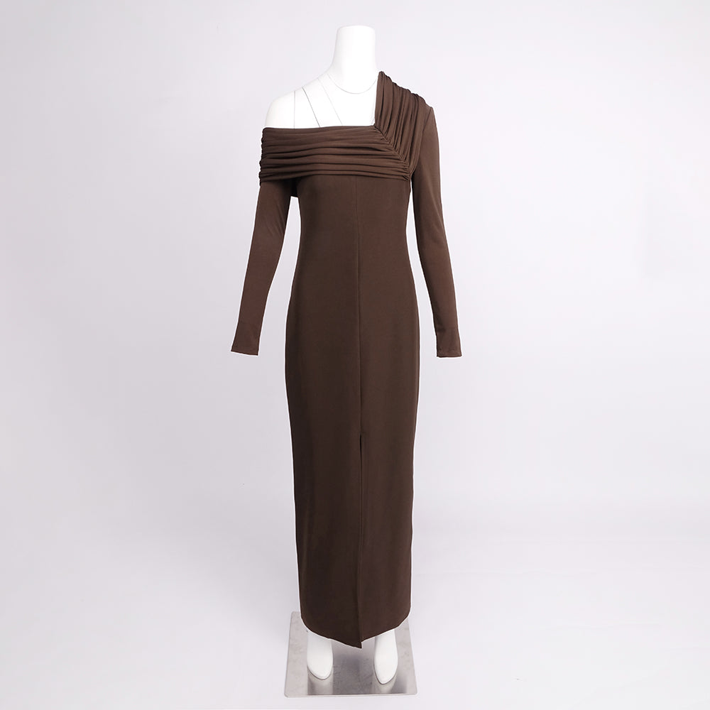 LAURA OFF-SHOULDER BROWN MAXI DRESS
