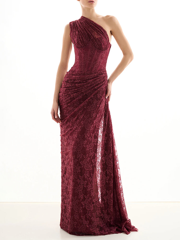 ELENI VINTAGE BROWN ONE SHOULDER LACE MAXI DRESS