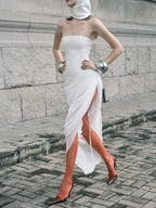 YARA WHITE DRAPED STRAPLESS MAXI DRESS