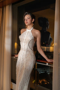 SHANTA WHITE LACE HALTER DRESS