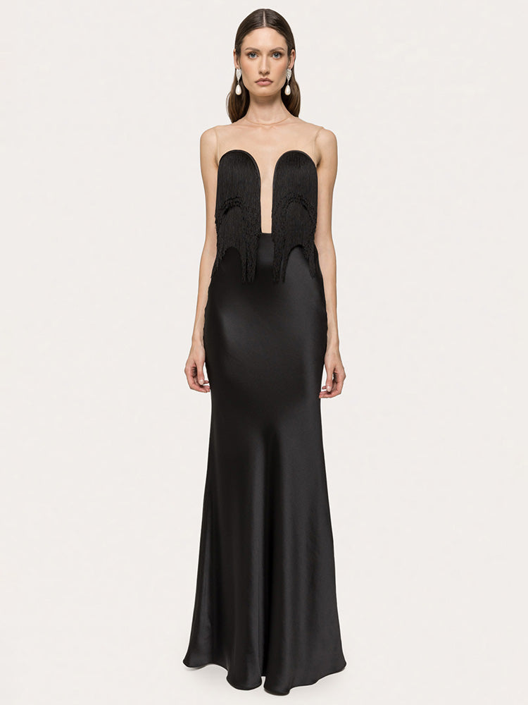 SARAH BLACK SATIN FRINGE MAXI DRESSES