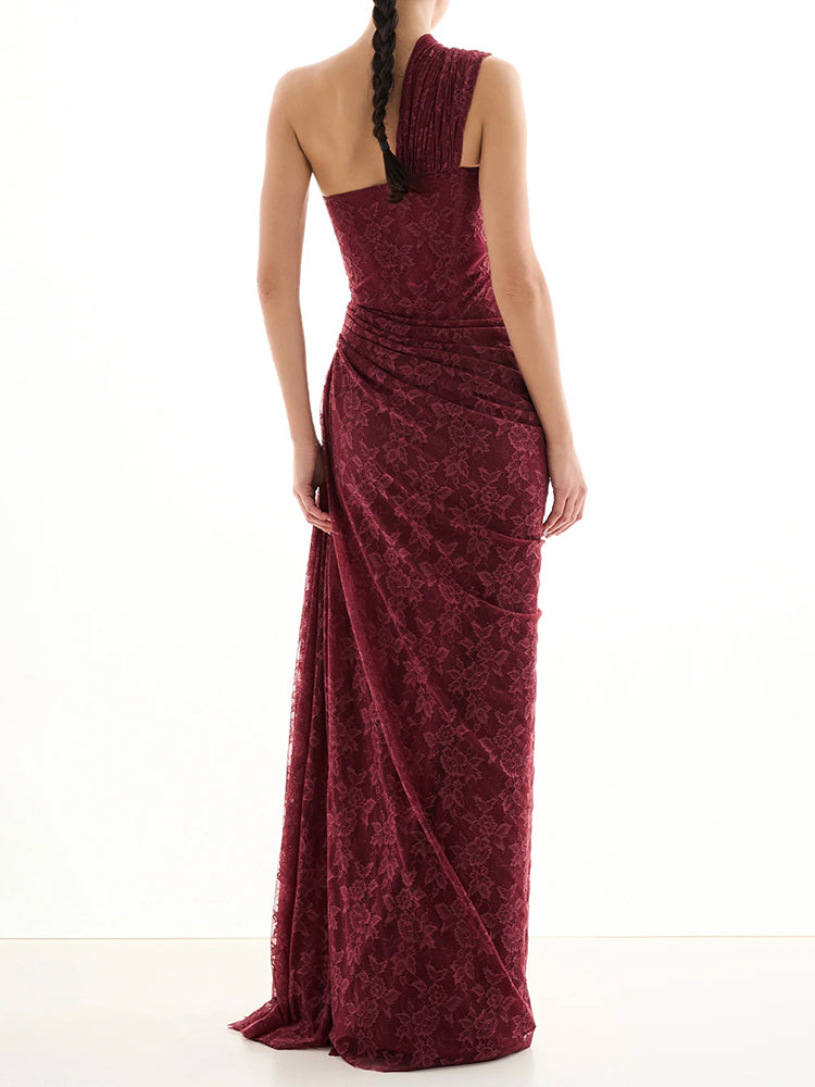 ELENI VINTAGE BROWN ONE SHOULDER LACE MAXI DRESS
