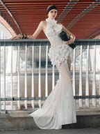 ALLY WHITE 3D FLORAL HALTER MAXI DRESS
