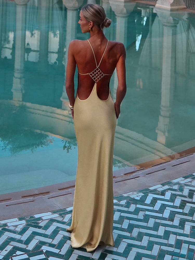 ANELIZE SEXY BACKLESS SATIN MAXI DRESS FOR WOMEN