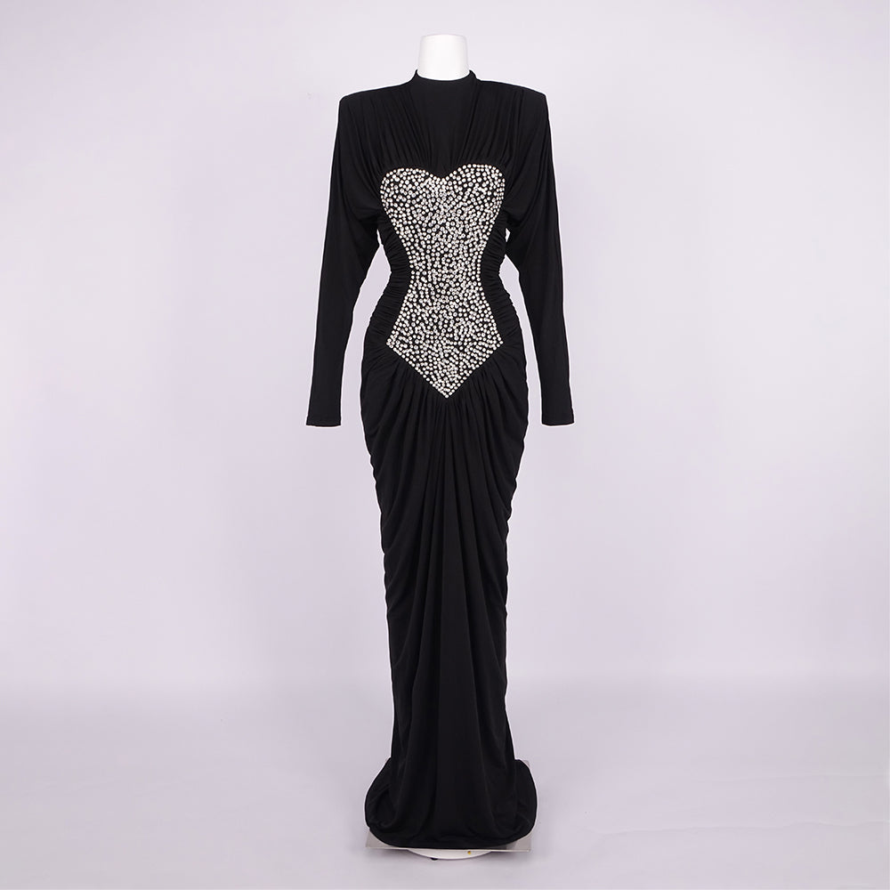 VINNA BLACK HIGH NECK CRYSTAL MAXI DRESS