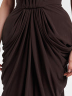ARUNAS BROWN OFF-SHOULDER RUCHED MAXI DRESS