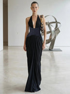 VALANTEENA DEEP V DENIM PATCHWORK MAXI DRESS