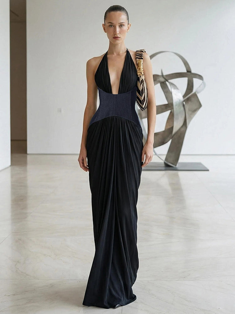 VALANTEENA DEEP V DENIM PATCHWORK MAXI DRESS