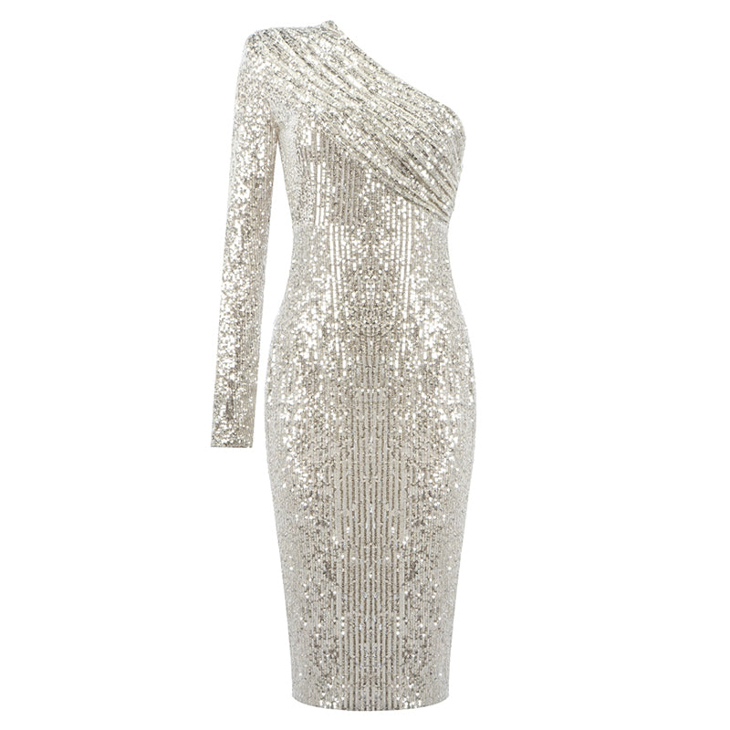 LILAH SILVER SEQUIN ONE SHOULDER DRESS